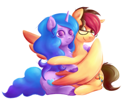 Size: 1904x1529 | Tagged: safe, artist:coco-drillo, imported from derpibooru, izzy moonbow, oc, pegasus, pony, unicorn, canon x oc, chest fluff, commission, cuddling, ear fluff, g5, glasses, horn, hug, messy mane, shipping, simple background, unshorn fetlocks, white background, winghug, wings