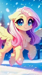 Size: 344x612 | Tagged: safe, imported from derpibooru, fluttershy, pegasus, pony, chest fluff, looking at you, snow, solo, spread wings, trotting, wings