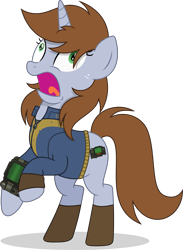 Size: 2531x3450 | Tagged: safe, imported from derpibooru, oc, oc:littlepip, pony, unicorn, fallout equestria, clothes, horn, jumpsuit, open mouth, pipbuck, rearing, screaming, simple background, solo, transparent background, vault suit