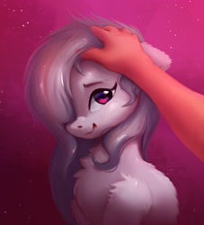 Size: 1904x2093 | Tagged: safe, artist:itssim, imported from derpibooru, marble pie, earth pony, human, pony, blush lines, blushing, commission, duo, female, fluffy, human on pony petting, looking at you, mare, offscreen character, offscreen human, petting, smiling, smiling at you