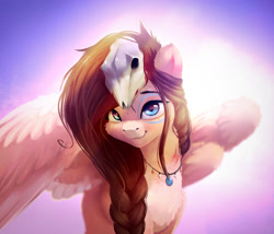 Size: 1957x1679 | Tagged: safe, artist:itssim, imported from derpibooru, oc, oc only, oc:ondrea, pegasus, pony, braid, commission, female, looking at you, mare, partially open wings, pegasus oc, smiling, smiling at you, solo, wings