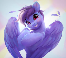 Size: 1914x1689 | Tagged: safe, artist:itssim, imported from derpibooru, oc, oc only, pegasus, pony, blush lines, blushing, cheek fluff, chest fluff, commission, feather, fluffy, grin, looking at you, male, oc name needed, pegasus oc, smiling, smiling at you, solo, spread wings, stallion, wings