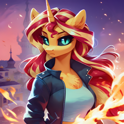 Size: 4096x4096 | Tagged: safe, imported from derpibooru, sunset shimmer, anthro, unicorn, ai content, ai generated, black sclera, canterlot, cheek fluff, chest fluff, closed mouth, clothes, ear fluff, eyebrows, female, fire, fluffy, frown, generator:pony diffusion v6 xl, generator:stable diffusion, horn, jacket, looking at you, mare, prompter:thedaren666, slit pupils, solo