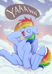 Size: 2480x3508 | Tagged: safe, artist:neoshrek, imported from derpibooru, rainbow dash, pegasus, pony, cloud, female, mare, sitting, solo, underhoof, yawn