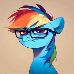 Size: 736x736 | Tagged: prompter needed, safe, imported from derpibooru, rainbow dash, pony, ai content, ai generated, bust, glasses, looking at you, portrait, rainbow dash is not amused, unamused