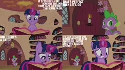 Size: 2000x1125 | Tagged: safe, edit, edited screencap, editor:quoterific, imported from derpibooru, screencap, spike, twilight sparkle, dragon, pony, unicorn, season 3, too many pinkie pies, duo, duo male and female, female, golden oaks library, horn, male, unicorn twilight, wingless spike