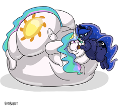 Size: 1754x1540 | Tagged: safe, artist:bun_burst, imported from derpibooru, princess celestia, princess luna, alicorn, pony, belly, big belly, blob, blobface, chubby, fat, feedee, feeder, feeding, obese, stuffing