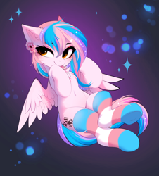 Size: 3542x3925 | Tagged: safe, artist:empress-twilight, imported from derpibooru, oc, oc only, oc:sylvie, pegasus, pony, belly, belly button, cheek fluff, clothes, commission, ear fluff, female, mare, pegasus oc, pride, pride flag, pride socks, socks, sparkles, spread wings, striped socks, tail, transgender pride flag, wings, ych result