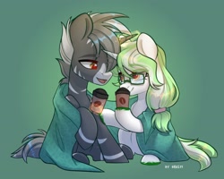 Size: 2048x1638 | Tagged: safe, artist:shelti, oc, oc only, pony, blushing, coffee, duo male and female, female, glasses, looking at each other, male, mare, stallion