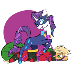 Size: 1731x1576 | Tagged: safe, artist:cranialgrind, imported from derpibooru, applejack, rarity, earth pony, pony, unicorn, applejack is not amused, female, horn, lesbian, mare, rarijack, rope, shipping, smiling, superhero, superhero costume, unamused