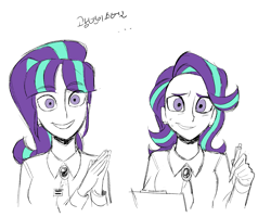 Size: 1715x1375 | Tagged: safe, artist:cranialgrind, imported from derpibooru, starlight glimmer, human, bust, grin, humanized, looking at you, nervous, nervous grin, simple background, sketch, smiling, white background