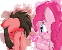 Size: 1250x1000 | Tagged: safe, artist:ace play, imported from derpibooru, pinkie pie, oc, oc:ace play, earth pony, pony, blushing, blushing profusely, canon x oc, cheek fluff, covering face, cute, dialogue, duo, ear blush, female, floppy ears, male, mare, pinkieplay, pointing, shipping, stallion, straight