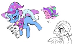 Size: 1306x794 | Tagged: safe, artist:cranialgrind, imported from derpibooru, fluttershy, starlight glimmer, pegasus, pony, unicorn, cloak, clothes, female, hat, horn, korean, looking at butt, mare, sketch, talking, text, trio