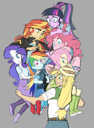 Size: 2000x2739 | Tagged: safe, artist:cranialgrind, imported from derpibooru, applejack, fluttershy, pinkie pie, rainbow dash, rarity, sci-twi, sunset shimmer, twilight sparkle, human, equestria girls, carrying, equestria girls specials, gray background, holding, holding a human, humane five, humane seven, humane six, humanized, my little pony equestria girls: mirror magic, simple background