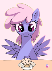 Size: 554x753 | Tagged: safe, imported from derpibooru, rainbowshine, pegasus, pony, bust, female, food, front view, mare, muffin, plate, portrait, sitting, solo, spread wings, table, wings