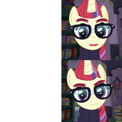 Size: 2000x2000 | Tagged: safe, artist:anonymousandrei, derpibooru exclusive, imported from derpibooru, moondancer, pony, unicorn, clothes, female, glasses, horn, mare, meme, meme template, ponified meme, solo, sweater