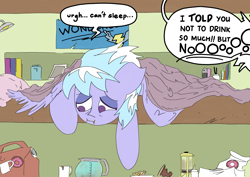 Size: 3784x2679 | Tagged: safe, artist:ponny, imported from derpibooru, cloudchaser, pegasus, pony, bed, blanket, book, bread, coffee, coffee cup, coffee mug, coffee pot, colored, crumbs, cup, donut, female, food, lamp, lidded eyes, mare, mug, pillow, solo, speech bubble, text, tired