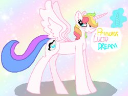 Size: 588x442 | Tagged: safe, artist:proxymitymine, imported from derpibooru, oc, oc only, oc:lucid dream (proxy), alicorn, pony, alicorn oc, alicorn wings, burn scar, closed mouth, cyan eyes, description is relevant, female, hair over one eye, horn, long horn, mare, mare oc, multicolored background, multicolored hair, multicolored mane, pony oc, princess, princess oc, scar, shadow, smiling, solo, wings