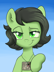 Size: 3000x4000 | Tagged: safe, artist:dumbwoofer, imported from derpibooru, oc, oc:filly anon, oc:morning mimosa, earth pony, pony, badge, ear fluff, female, filly, foal, lanyard, looking at you, mare fair, smiling, smirk, smug, solo