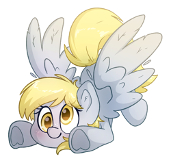 Size: 2066x1963 | Tagged: safe, artist:fluffyxai, imported from derpibooru, derpy hooves, pegasus, cute, derpabetes, female, lying down, mare, simple background, smiling, solo, transparent background