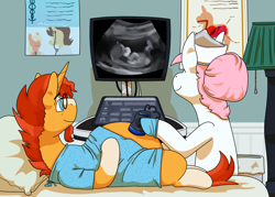 Size: 2800x2000 | Tagged: safe, alternate version, anonymous artist, imported from derpibooru, nurse redheart, sunburst, pony, unicorn, bed, belly, big belly, clothes, commission, doctor's office, facial hair, female, fetish, glasses, goatee, high res, horn, hospital bed, hospital gown, hospital room, jewelry, male, male pregnancy, mare, pregnant, prenatal exam, smiling, ultrasound