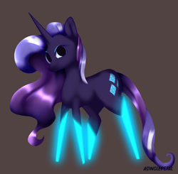 Size: 1024x1004 | Tagged: safe, artist:asinglepetal, imported from derpibooru, nightmare rarity, pony, unicorn, concave belly, dark mirror universe, eyeshadow, female, glowing legs, horn, long horn, makeup, mare, moon, nightmarified, pointy ponies, shiny hair, simplified eyes, slender, solo, solo female, storybook, stylized, thin, thin legs, watermark, wavy hair