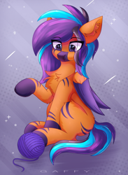 Size: 2489x3400 | Tagged: safe, artist:gaffy, imported from derpibooru, oc, oc only, pegasus, abstract background, chest fluff, colored wings, ear fluff, male, multicolored hair, multicolored wings, pegasus oc, solo, wings, yarn, yarn ball