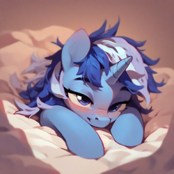 Size: 1024x1024 | Tagged: safe, imported from derpibooru, minuette, ai content, ai generated, bed, blanket, blushing, generator:purplesmart.ai, generator:stable diffusion, lidded eyes, looking at you, messy mane, prompter:jesterofdestiny, solo