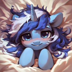 Size: 1024x1024 | Tagged: safe, imported from derpibooru, minuette, ai content, ai generated, bed, blanket, blushing, generator:purplesmart.ai, generator:stable diffusion, lidded eyes, looking at you, messy mane, prompter:jesterofdestiny