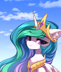 Size: 853x1009 | Tagged: safe, artist:airiniblock, imported from derpibooru, princess celestia, alicorn, pony, chest fluff, cloud, crown, cute, ear fluff, horn, icon, jewelry, regalia, sky, solo, wingding eyes, wings