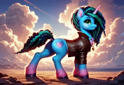 Size: 3072x2112 | Tagged: safe, imported from derpibooru, pony, unicorn, ai content, ai generated, chest fluff, clothes, cloud, cloudy, dock, ear fluff, female, g5, generator:autismmix pony, generator:stable diffusion, horn, jacket, jewelry, land, misty brightdawn, necklace, prompter:kluknawa235, smiling, solo, tail, unshorn fetlocks