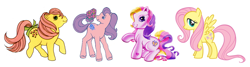 Size: 1998x533 | Tagged: safe, artist:melissapony2003, edit, imported from derpibooru, fluttershy, fluttershy (g3), posey, earth pony, pegasus, pony, bow, cute, evolution, evolution chart, female, g1, g2, g2 morningdorable, g3, g3 shyabetes, generations, hoof heart, mare, morning glory (g2), pokémon, poseybetes, shyabetes, simple background, tail, tail bow, underhoof, white background