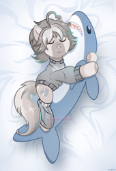 Size: 1830x2695 | Tagged: safe, artist:scarffist, derpibooru exclusive, imported from derpibooru, oc, oc only, earth pony, pony, shark, bed, clothes, commission, eyes closed, hug, long tail, lying down, lying on bed, on bed, plushie, relaxing, shark plushie, short hair, short mane, sleeping, solo, tail, toy, ych result