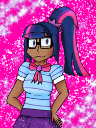 Size: 1536x2048 | Tagged: artist needed, source needed, safe, imported from derpibooru, sci-twi, twilight sparkle, human, equestria girls, clothes, deviantart, glasses, hand on hip, human coloration, moderate dark skin, ponytail, solo