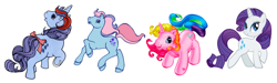 Size: 2023x605 | Tagged: safe, artist:melissapony2003, edit, imported from derpibooru, ivy, rarity, rarity (g3), sparkler (g1), earth pony, pony, unicorn, bow, cute, evolution, evolution chart, female, g1, g2, g3, g3 raribetes, generations, hoof heart, horn, ivybetes, mare, pokémon, raribetes, simple background, sparklerdorable, tail, tail bow, underhoof, white background