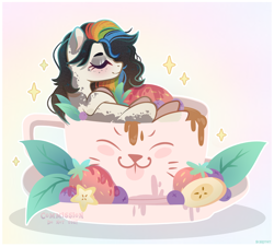 Size: 4200x3800 | Tagged: safe, artist:scarffist, imported from derpibooru, oc, oc only, earth pony, pony, base used, berry, blushing, commission, cup, cute, eyes closed, food, fruit, gradient background, leaves, long hair, long mane, lying, multicolored hair, rainbow hair, relaxing, smiling, solo, sparkles, ych result