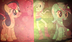 Size: 1024x600 | Tagged: safe, artist:dablackphoenix, imported from derpibooru, bon bon, lyra heartstrings, sweetie drops, earth pony, human, pony, unicorn, equestria girls, female, horn, mare, wallpaper