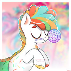 Size: 4600x4600 | Tagged: safe, derpibooru exclusive, imported from derpibooru, oc, oc only, earth pony, pony, base used, candy, commission, eyes closed, food, happy, light skin, lollipop, multicolored hair, rainbow hair, short hair, short mane, smiling, solo, ych result