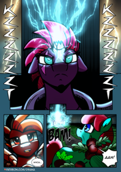 Size: 2481x3508 | Tagged: safe, artist:dsana, imported from derpibooru, fizzlepop berrytwist, tempest shadow, oc, oc:aunt beet, oc:rust wing, earth pony, pegasus, pony, unicorn, comic:a storm's lullaby, horn