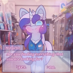 Size: 2664x2664 | Tagged: safe, artist:sodapop sprays, imported from derpibooru, minuette, pony, unicorn, blushing, clothes, dialogue, dialogue box, horn, looking at you, one eye closed, solo, walmart, wink