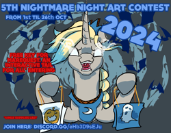 Size: 1167x905 | Tagged: safe, artist:firelorda2, oc, oc only, oc:orenda azure, bat, pony, unicorn, bag, candy bag, contest, discord (program), glowing, glowing eyes, hoof hold, link in description, nightmare night, sombra eyes