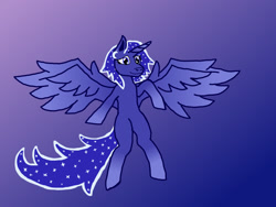 Size: 1600x1200 | Tagged: safe, artist:silverfishv9, imported from derpibooru, oc, oc only, oc:starfield (silverfishv9), alicorn, pony, alicorn oc, blank flank, blue coat, blue eyes, blue mane, colored wings, ethereal mane, female, flying, gradient background, gradient horn, gradient legs, gradient wings, horn, mare, starry mane, wingding eyes, wings