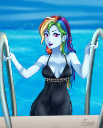 Size: 900x1118 | Tagged: safe, artist:tomatolaccoon, imported from derpibooru, rainbow dash, human, equestria girls, bare shoulders, female, multicolored hair, rainbow hair, solo, swimming pool, water, wet, wet hair