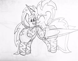 Size: 4402x3472 | Tagged: safe, artist:acid flask, imported from derpibooru, oc, oc only, oc:acid flask, oc:film wheel, pegasus, zebra, zebracorn, 2d, brothers, curved horn, cute, duo, folded wings, happy, horn, large wings, male, siblings, stallion, traditional art, wings, zebra oc