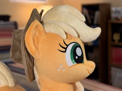 Size: 4032x3024 | Tagged: safe, artist:littlefairyswonders, imported from derpibooru, applejack, earth pony, pony, applejack's hat, cowboy hat, female, hat, irl, lying down, photo, plushie, solo