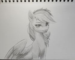 Size: 2326x1859 | Tagged: safe, artist:sierraex, imported from derpibooru, dark moon, graphite, rainbow dash, pegasus, pony, female, high res, looking at you, mare, monochrome, photo, simple background, sketchbook, smiling, smiling at you, solo, traditional art, white background