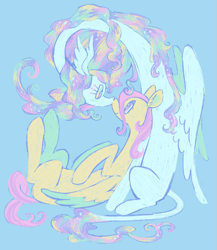 Size: 1021x1178 | Tagged: safe, artist:webkinzworldz, imported from derpibooru, fluttershy, princess celestia, alicorn, pegasus, pony, alternate color palette, alternate hairstyle, blue background, duo, female, flutterlestia, leonine tail, lesbian, shipping, simple background, tail, touching noses