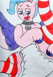 Size: 2260x3259 | Tagged: safe, artist:bitter sweetness, imported from derpibooru, queen haven, pegasus, pony, abdl, adult foal, clothes, diaper, diaper fetish, fetish, g5, non-baby in diaper, open mouth, open smile, poofy diaper, simple background, smiling, socks, striped socks, traditional art, white background