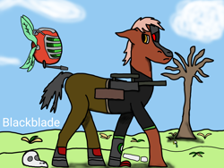 Size: 4096x3072 | Tagged: safe, artist:blackblade360, imported from derpibooru, oc, oc only, oc:silvershot, cyborg, cyborg pony, earth pony, pony, fallout equestria, 2024, angry, battle saddle, black tail, bone, claw, clothes, cloud, dead tree, digital art, earth pony oc, floppy ears, flower, flying, frown, grass, grass field, ibispaint x, male, messy tail, orange eyes, pants, plant, post apocalypse, red coat, shirt, signature, skeleton, skull, sky, spritebot, stallion, stallion oc, story included, tail, tan mane, tree, walking