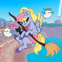 Size: 1920x1920 | Tagged: safe, artist:grapefruit-face, imported from derpibooru, bird, cat, pegasus, pony, seagull, anime reference, bag, base used, broom, cap, fifi (g5), flying, flying broomstick, g5, g5 to g4, generation leap, hat, kenneth, kiki's delivery service, looking at you, maretime bay, pun, steven, visual pun